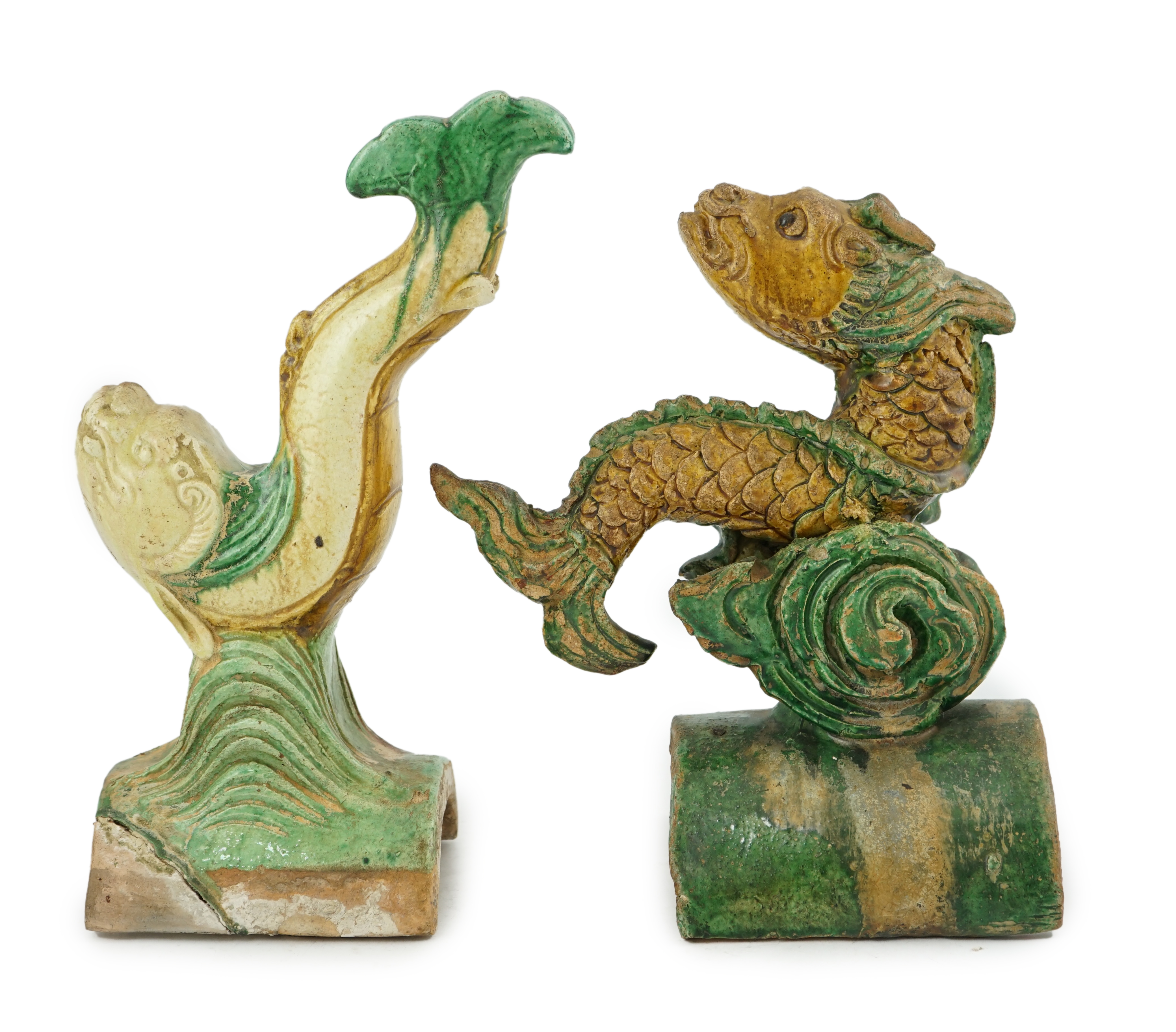 Two Chinese sancai ‘dragon-fish’ ridge tiles, Ming dynasty